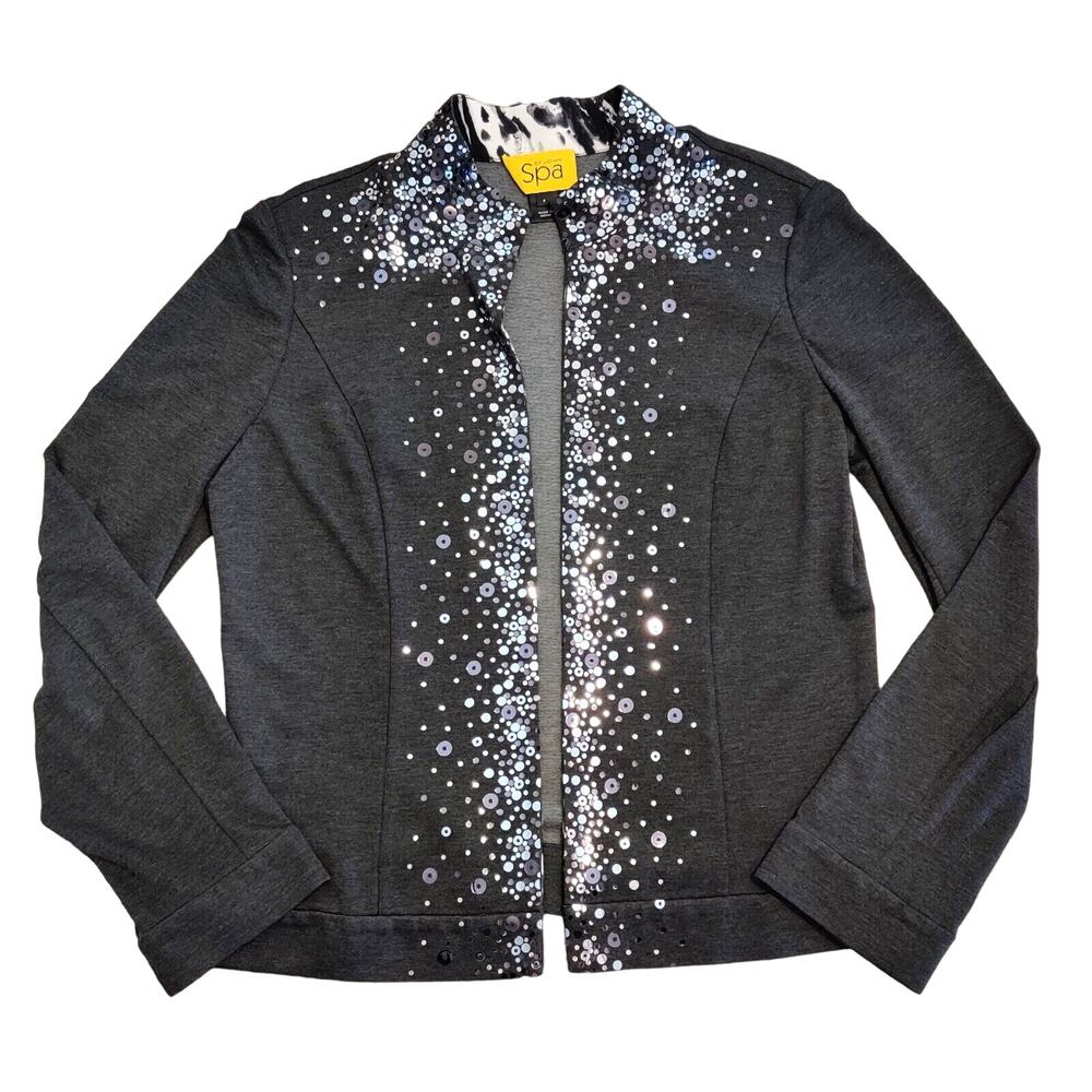 ST JOHN Womens Gray Cardigan Jacket Sequin Embellishments SZ S Petite Party Chic